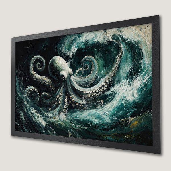 Framed Poster of an octopus in a swirling ocean, artistic style, teal and dark blue color palette.