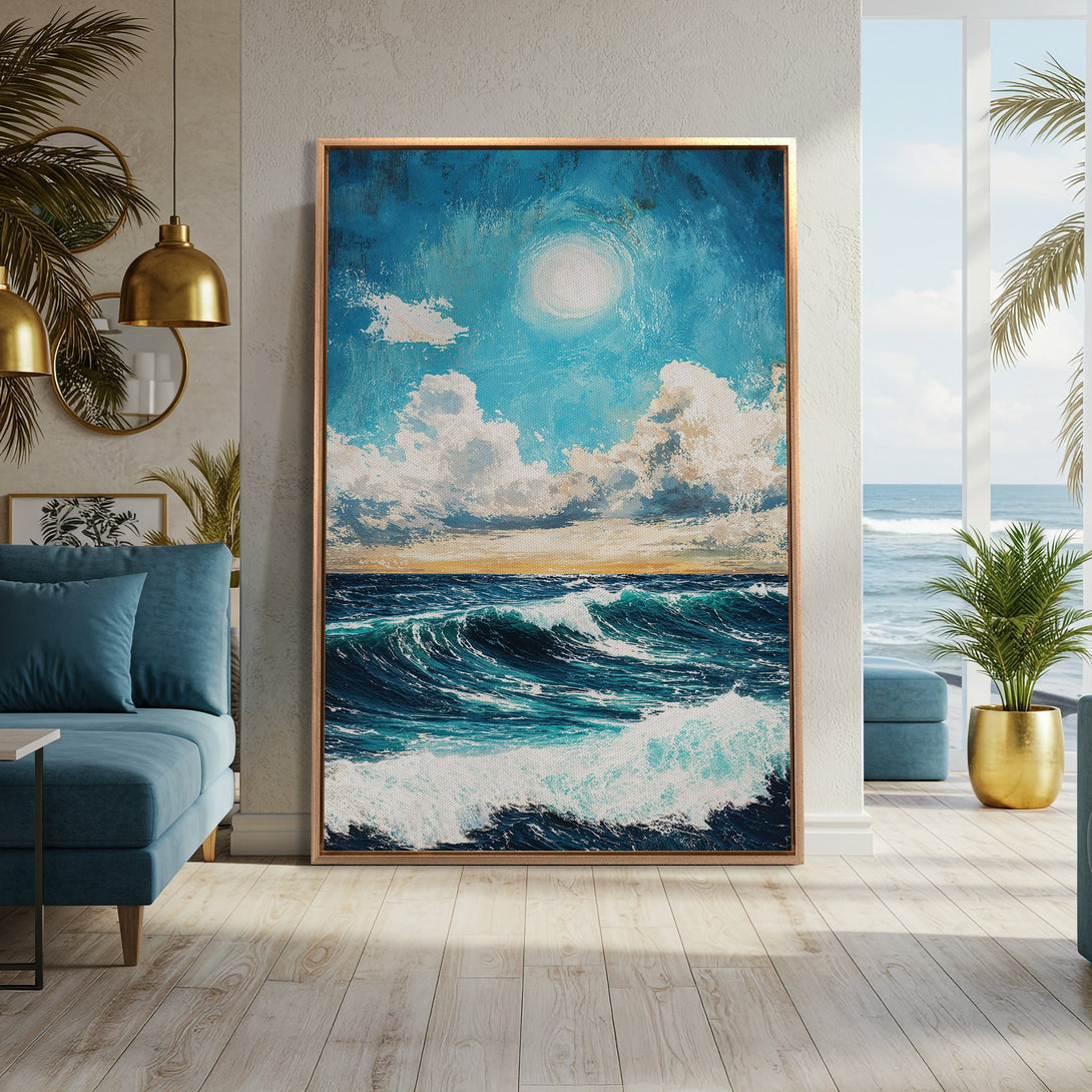 Framed Wall Art: Ocean waves canvas print in blue and turquoise hues. Coastal art for a serene home. Modern decor with a touch of nature.