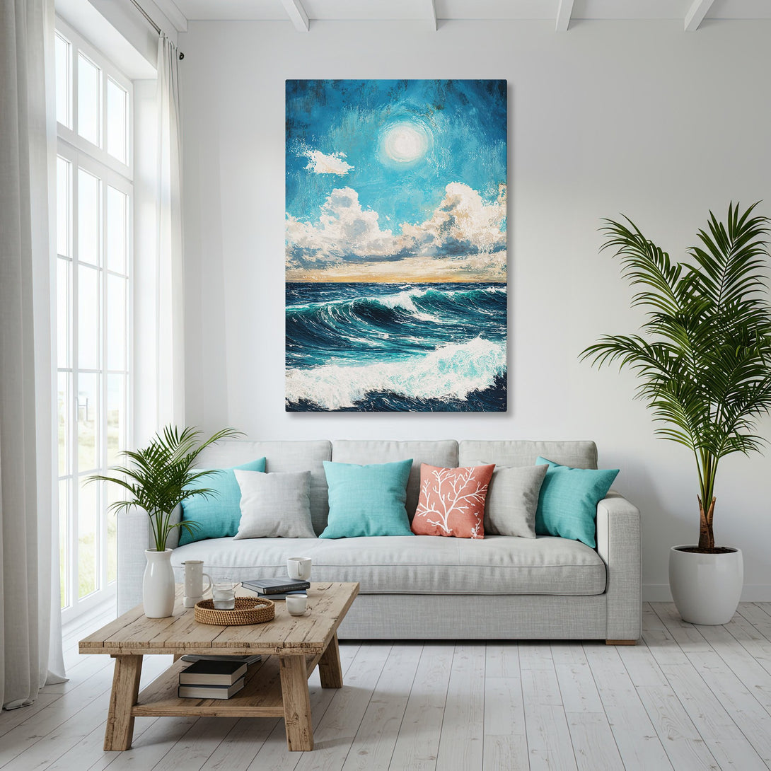 Framed Wall Art: Ocean waves canvas print in a blue and gold color palette, displayed in a modern living room. Bring the beach to your home!