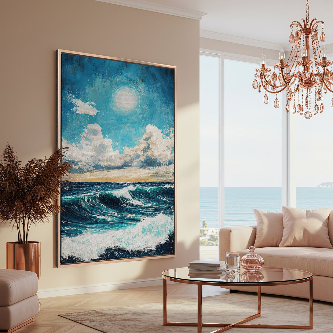 Framed Wall Art: Ocean waves painting in a coastal interior. Blue, teal, and white palette. Perfect for adding a touch of serenity to your home.