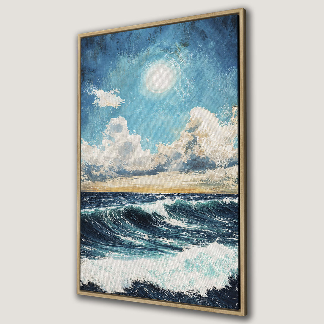Framed Wall Art: Ocean waves Canvas Print in blue and white. Coastal art for your home. Bring the sea indoors with this beautiful artwork.