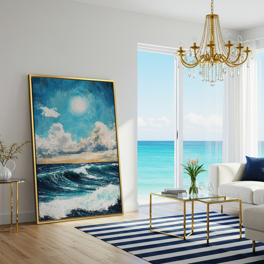 Canvas Print of a vibrant ocean scene in blue and white, adding coastal charm to any living room.
