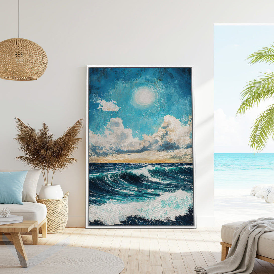 Framed Wall Art: Ocean waves canvas print in blue and white. Coastal art style, perfect for a serene living room. Bring the beach home!