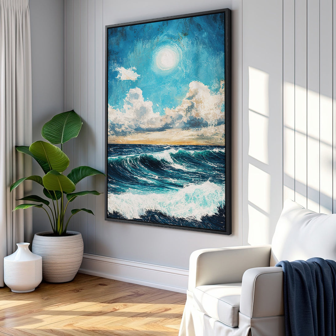 Framed Wall Art: Ocean waves painting in blue and white, displayed in a bright interior. Coastal-inspired art for a serene home.