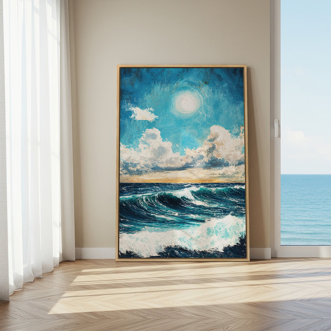 Framed Wall Art featuring a vibrant ocean scene in blue and white. Coastal-inspired canvas print adds a touch of serenity to any space.