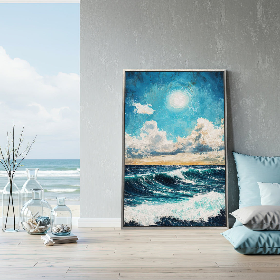 Framed Wall Art: Coastal scene Canvas Print with ocean waves, blue sky, and a bright sun. A beautiful, calming, and artistic addition to any home.