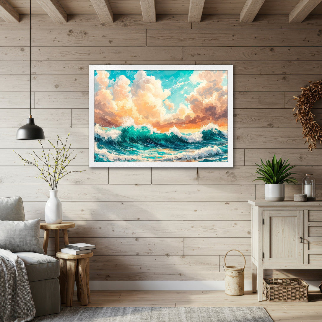 Framed Poster of ocean waves with a vibrant, impressionistic style and a warm, turquoise, and orange color palette. Perfect wall art!