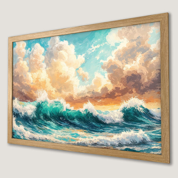 Framed Poster of ocean waves under a dramatic sky. Impressionist style, teal, gold, and blue color palette. Perfect wall art!