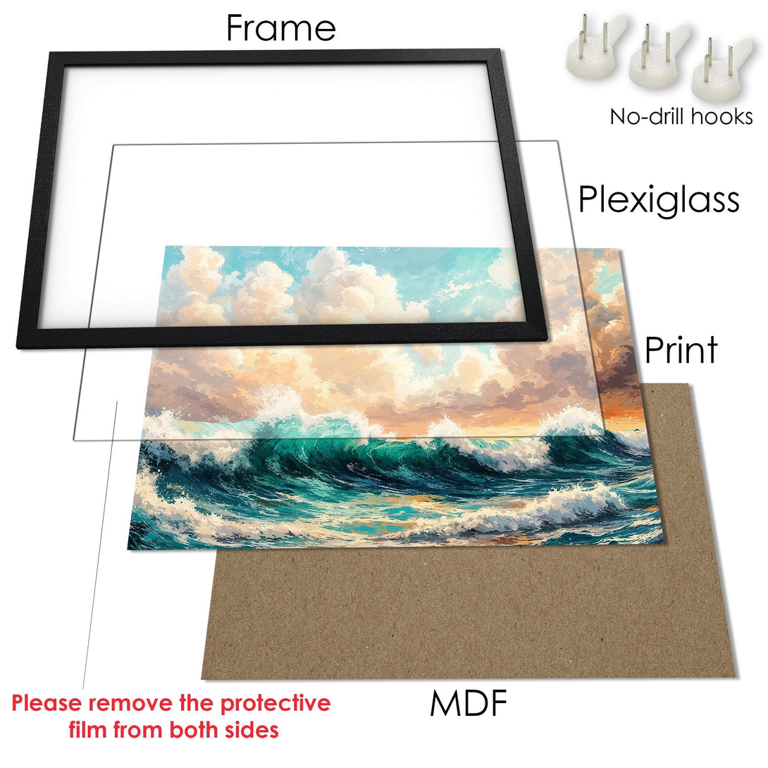Framed Poster of ocean waves in a vibrant blue, teal, and orange color palette. Coastal art print for your home.