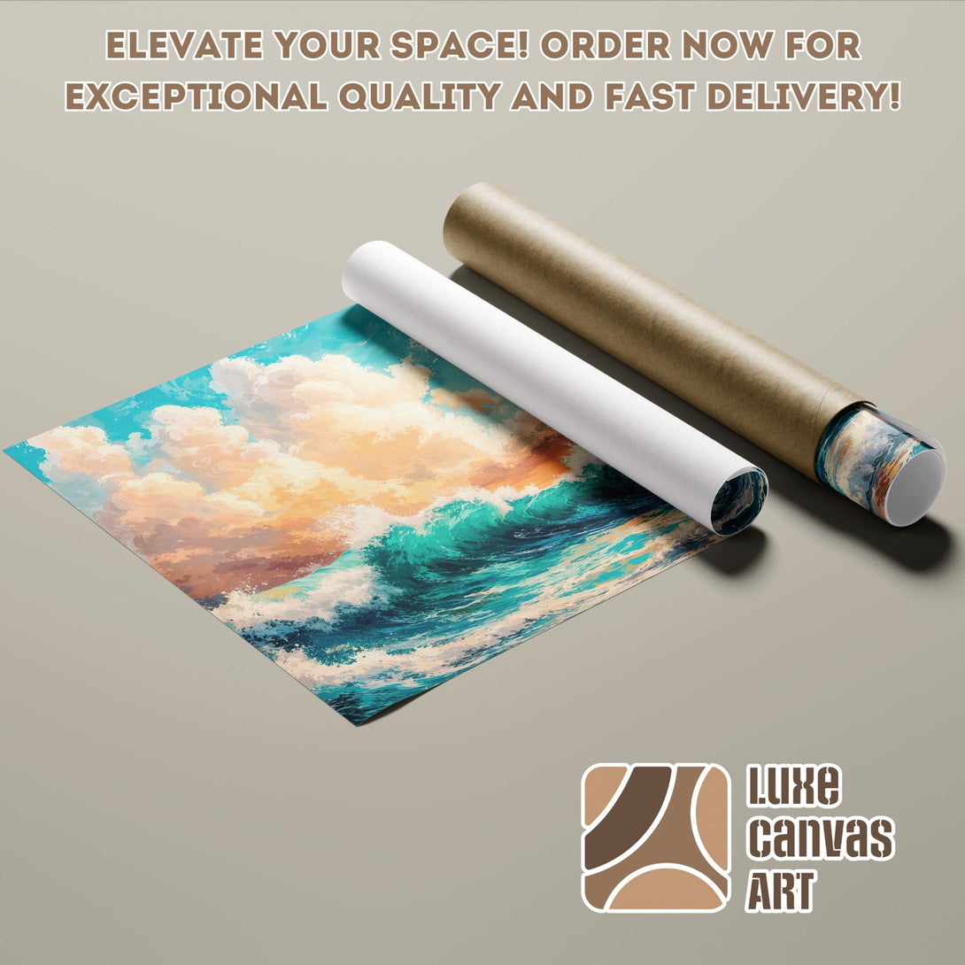 Poster Roll of ocean art, vibrant blues & oranges. Elevate your space with this beautiful poster!