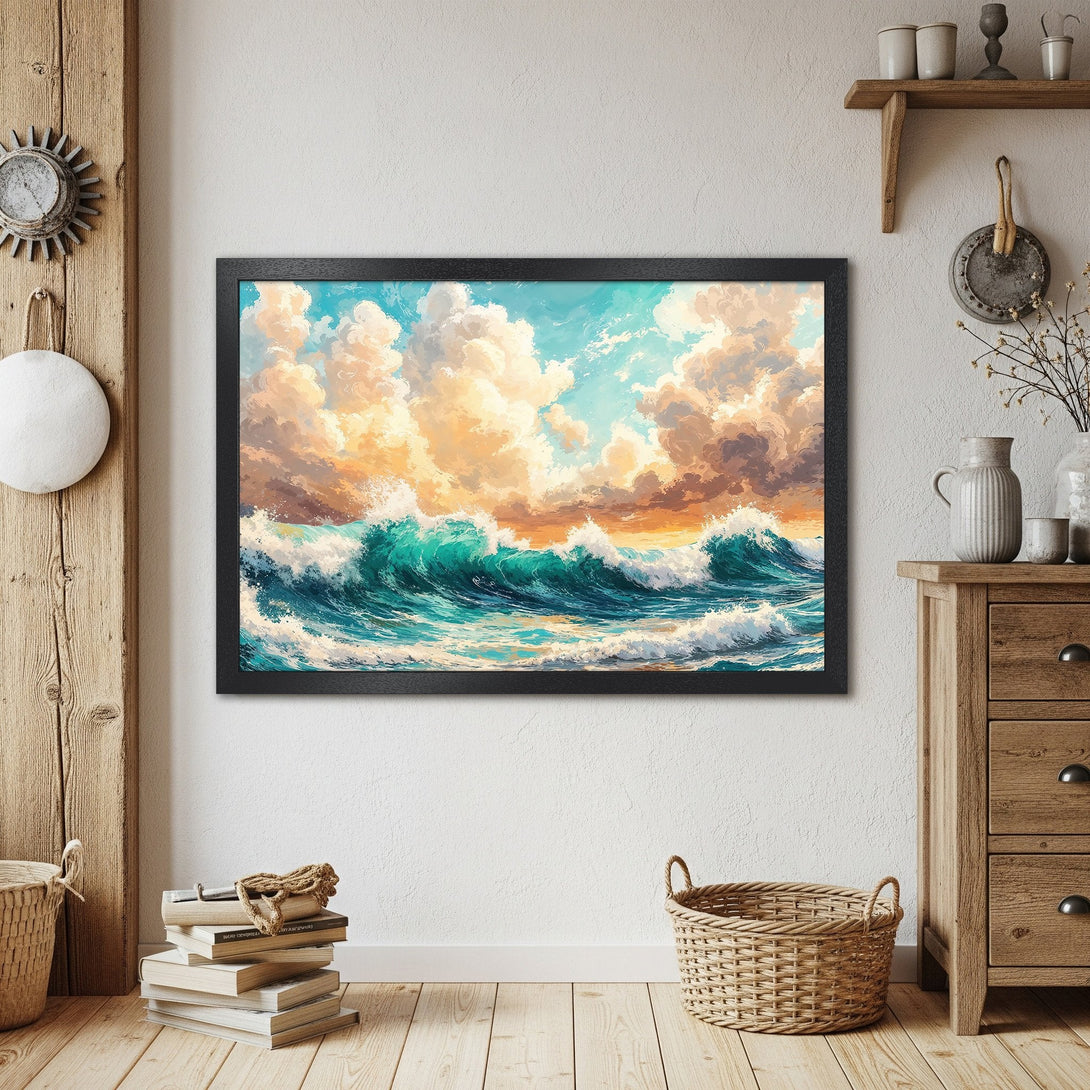 Framed Poster of ocean waves with a watercolor style, featuring a blue, teal, and golden color palette.