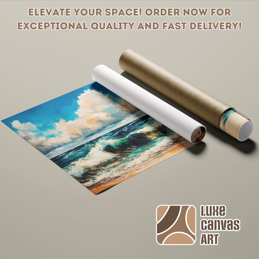 Ocean waves art poster roll with blue, green, and beige color palette. Elevate your space!
