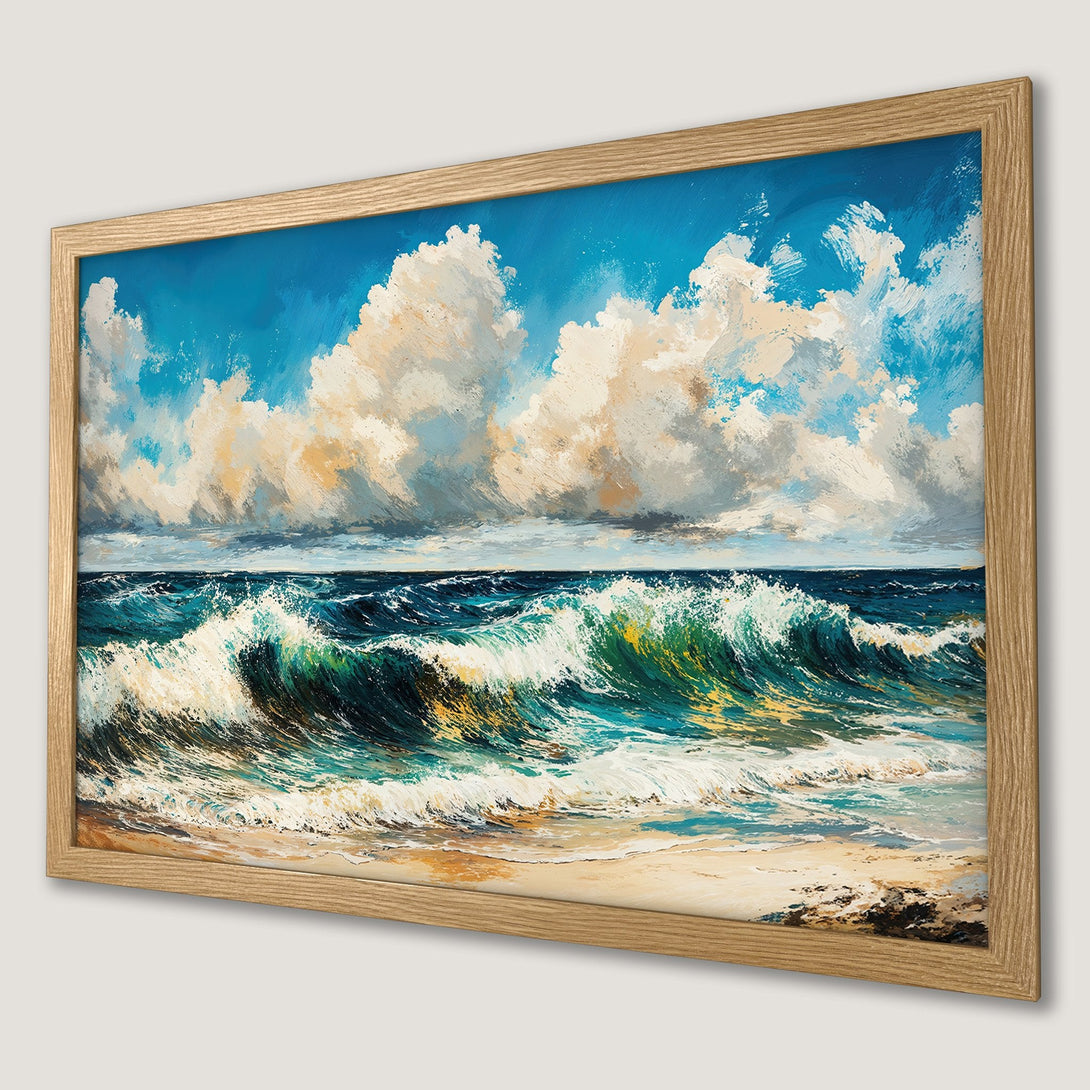 Framed Poster of a vibrant ocean wave painting. Impressionistic style with blue, green, and cream color palette.