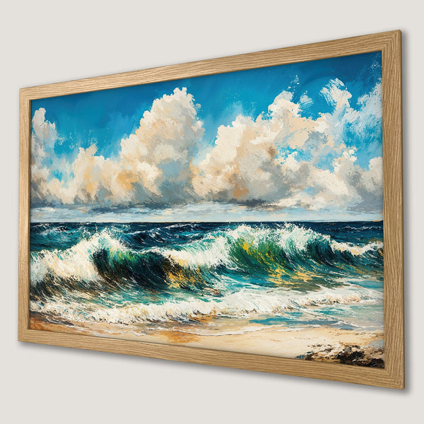 Framed Poster of a vibrant ocean wave painting. Impressionistic style with blue, green, and cream color palette.