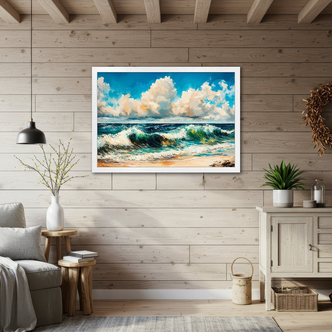 Framed Poster of ocean waves in a painterly style with blue, green, and white hues. Coastal wall art for your home.