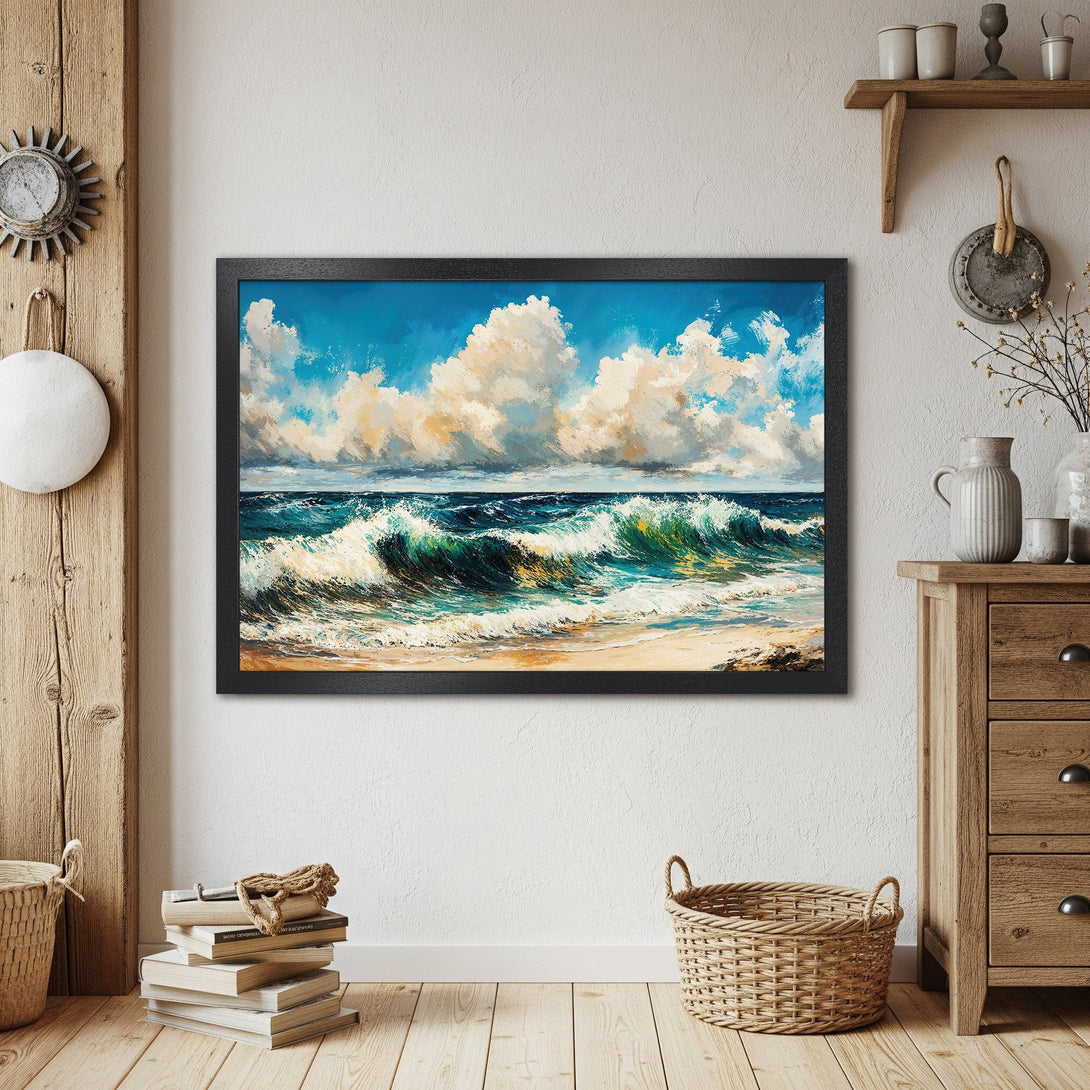 Framed Poster of a seascape painting. Impressionistic style with blue, green, and white hues. Perfect coastal decor.