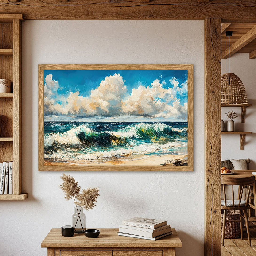 Framed Poster of ocean waves painting in blue and green hues. Coastal art print for your home decor, a perfect gift.
