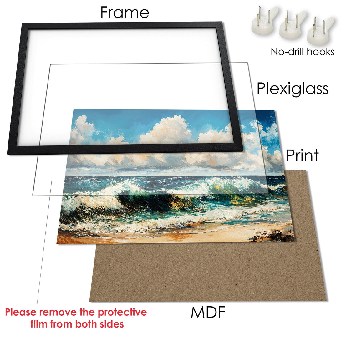 Framed Poster of a seascape painting in blue, green, and beige tones. Add coastal vibes to your home!