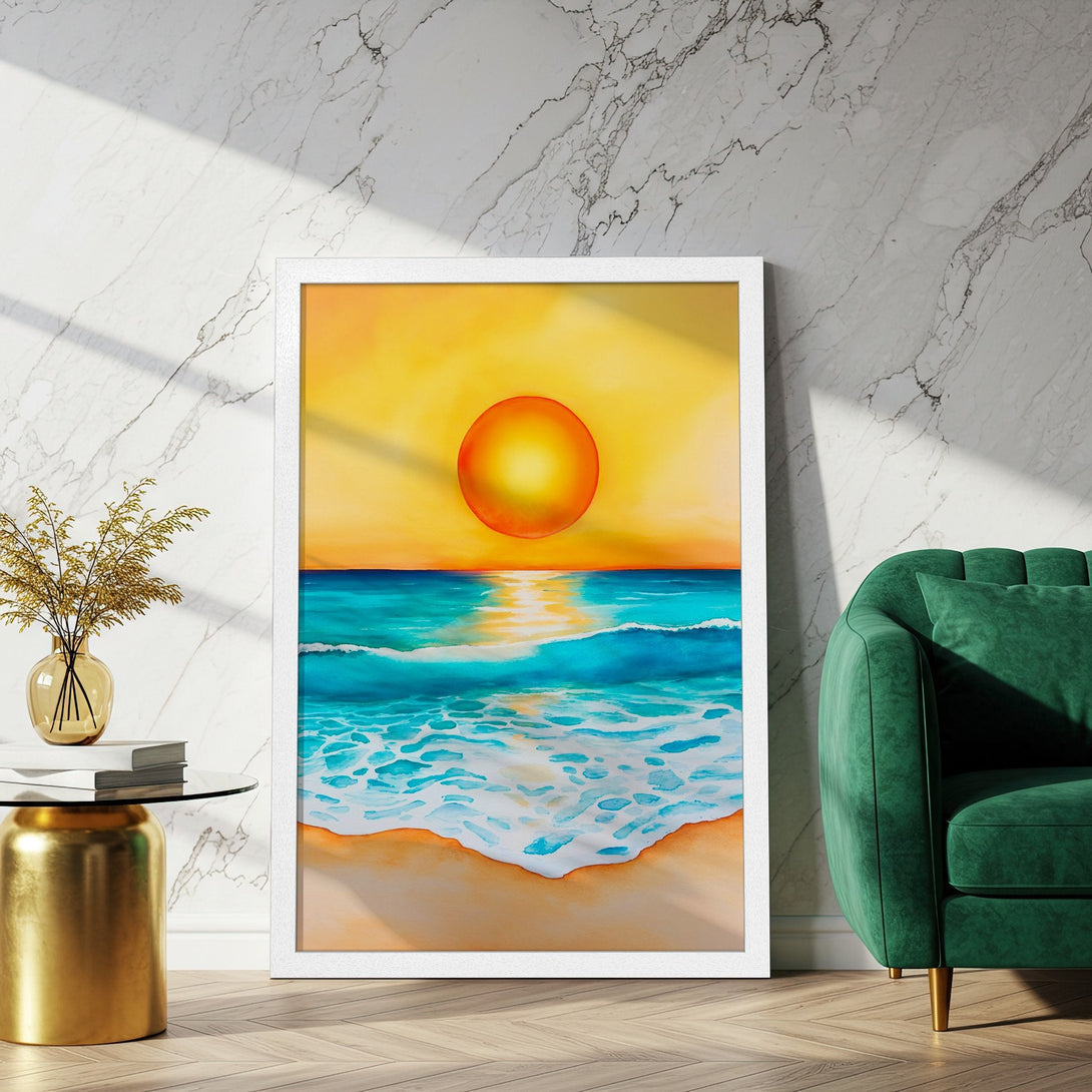 Framed Poster of a watercolor sunset over the ocean. Warm yellow, orange, and blue color palette. Perfect wall art for a coastal vibe.