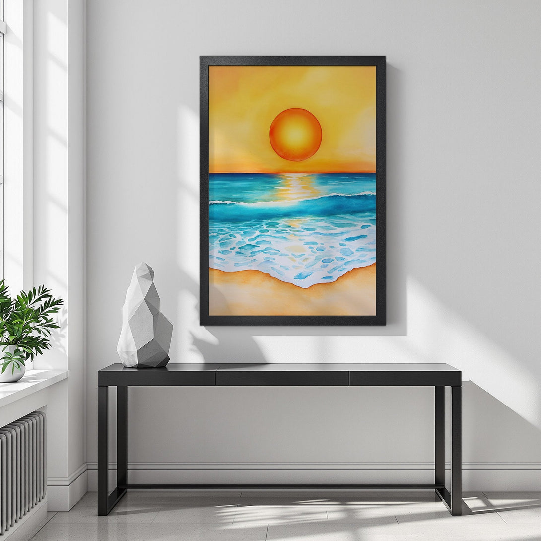 Framed Poster: Sunset beach art print in warm yellow, blue, and orange tones. Coastal wall decor for a relaxing vibe.
