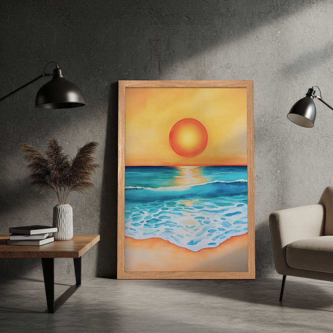 Framed Poster of a sunset beach scene in watercolor style, featuring warm yellow, orange, and blue hues. Perfect wall art!
