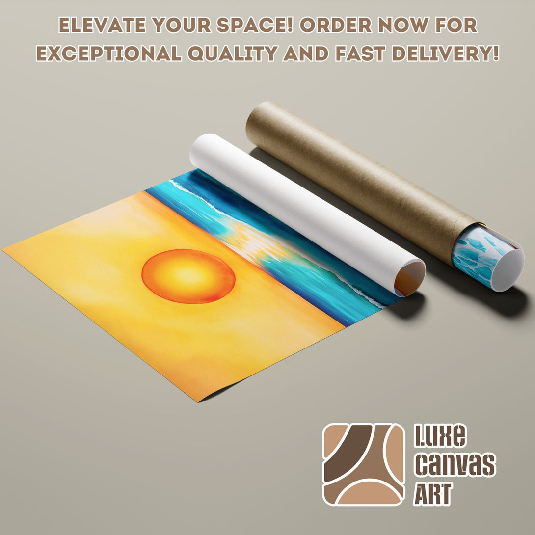 Poster Roll featuring a vibrant sunset over the ocean, with warm yellow, orange, and blue hues. Elevate your space!
