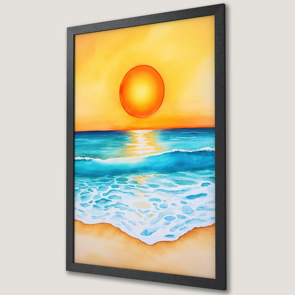 Framed Poster featuring a watercolor sunset over the ocean. Vibrant blues, oranges, and yellows create a calming beach scene.
