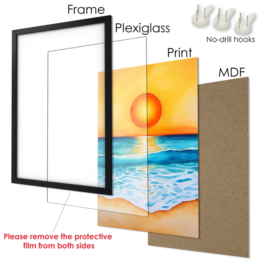 Framed Poster featuring a sunset over the ocean, vibrant watercolor style with warm orange and cool blue hues. Perfect wall art!