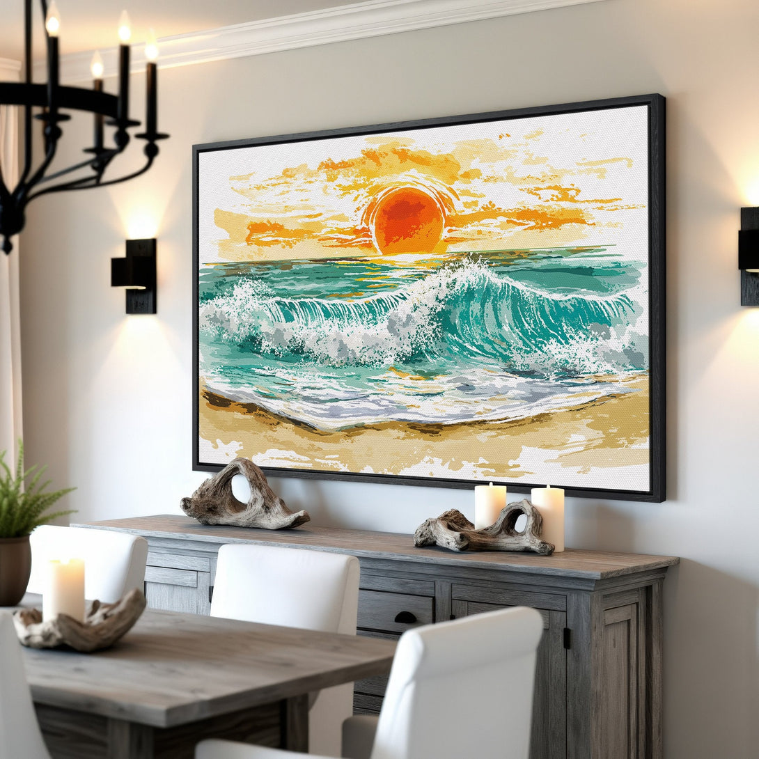 Framed Wall Art: Coastal sunset Canvas Print with vibrant turquoise, orange, and yellow hues. Perfect for beach house decor and adding a touch of nature to your space.
