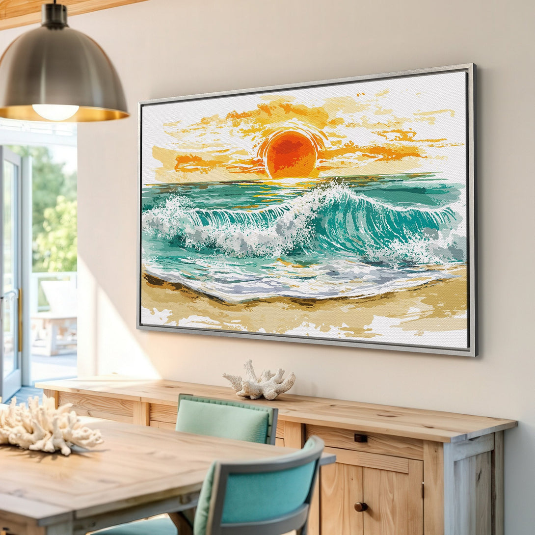 Framed Wall Art: Coastal sunset canvas print in orange, teal, and yellow. Bring the beach vibes home with this stunning artwork!