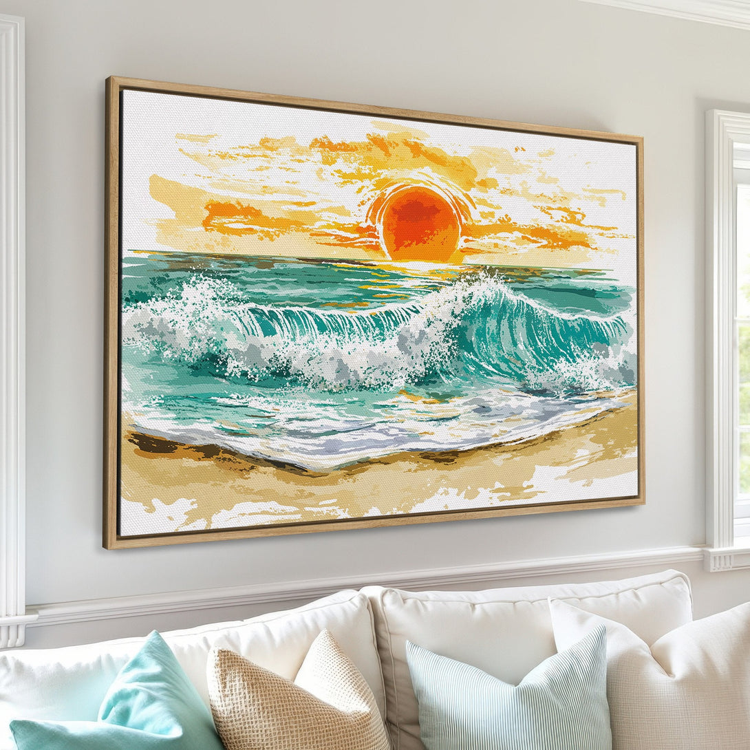 Framed Wall Art of a beach sunset. Coastal artwork with teal, orange, and beige colors. Perfect for adding a touch of serenity to your home decor.