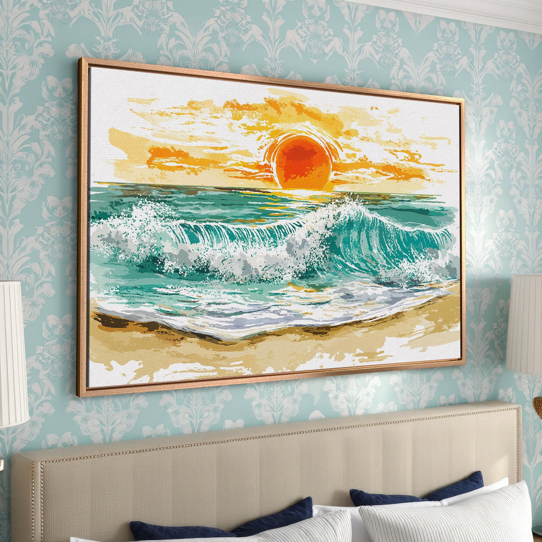 Framed Wall Art: Coastal sunset canvas print. Watercolor style painting with turquoise, orange, and beige hues. Perfect for adding a touch of serenity to your space.