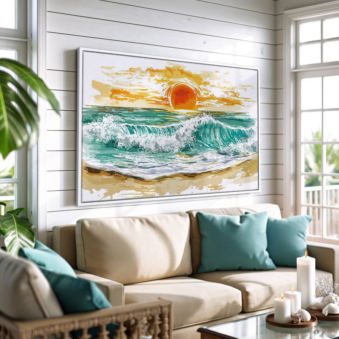 Framed Wall Art: Coastal sunset canvas print in a modern living room. Features ocean waves, warm orange and teal color palette, and beachy style.