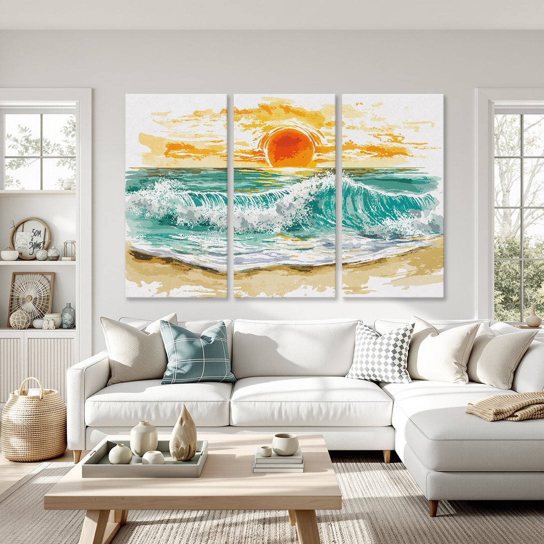 Canvas Print of a vibrant ocean sunset. Coastal art with teal, yellow, and orange hues. Perfect for adding a touch of serenity to your home.