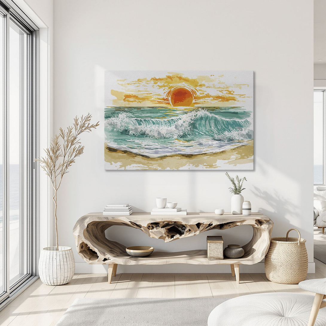 Framed Wall Art: Coastal sunset canvas print in warm orange and teal tones. Modern art for your home, bringing the beach to your space.