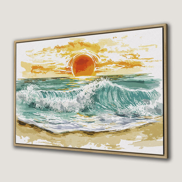 Canvas Print of a sunset over ocean waves in a watercolor style, featuring teal, orange, and yellow hues. Perfect beach wall art.