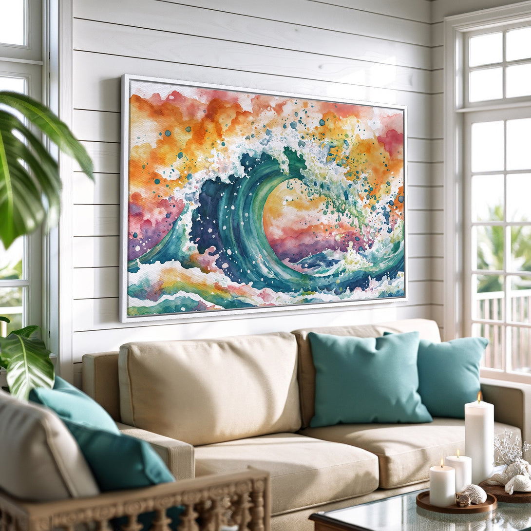 Framed Wall Art: Watercolor wave art in vibrant teal, orange, and purple hues. Coastal style canvas print adds a splash of color to any living room.