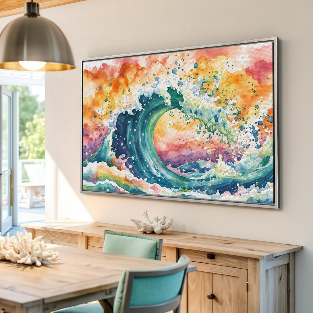 Framed Wall Art: Watercolor wave art in vibrant blues, greens, and oranges. Coastal-inspired canvas print for a colorful home decor update.