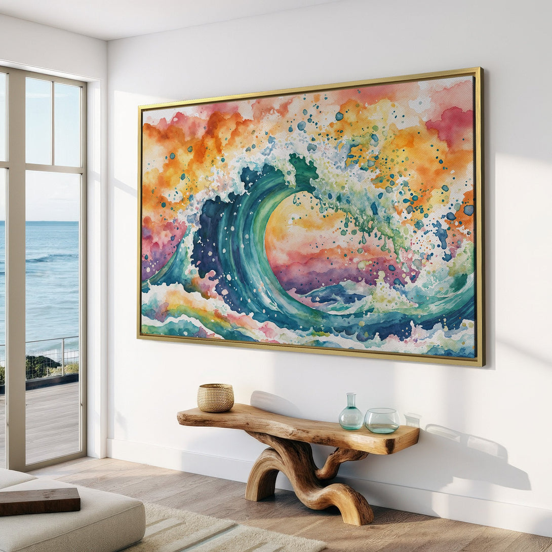 Canvas Print of a watercolor wave in vibrant blues, greens, and oranges. Coastal wall art perfect for adding a splash of color to your home.