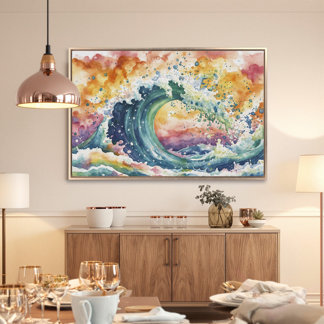 Framed Wall Art: Watercolor wave art in vibrant blues, yellows, and oranges. Coastal-inspired canvas print for a modern, colorful home.