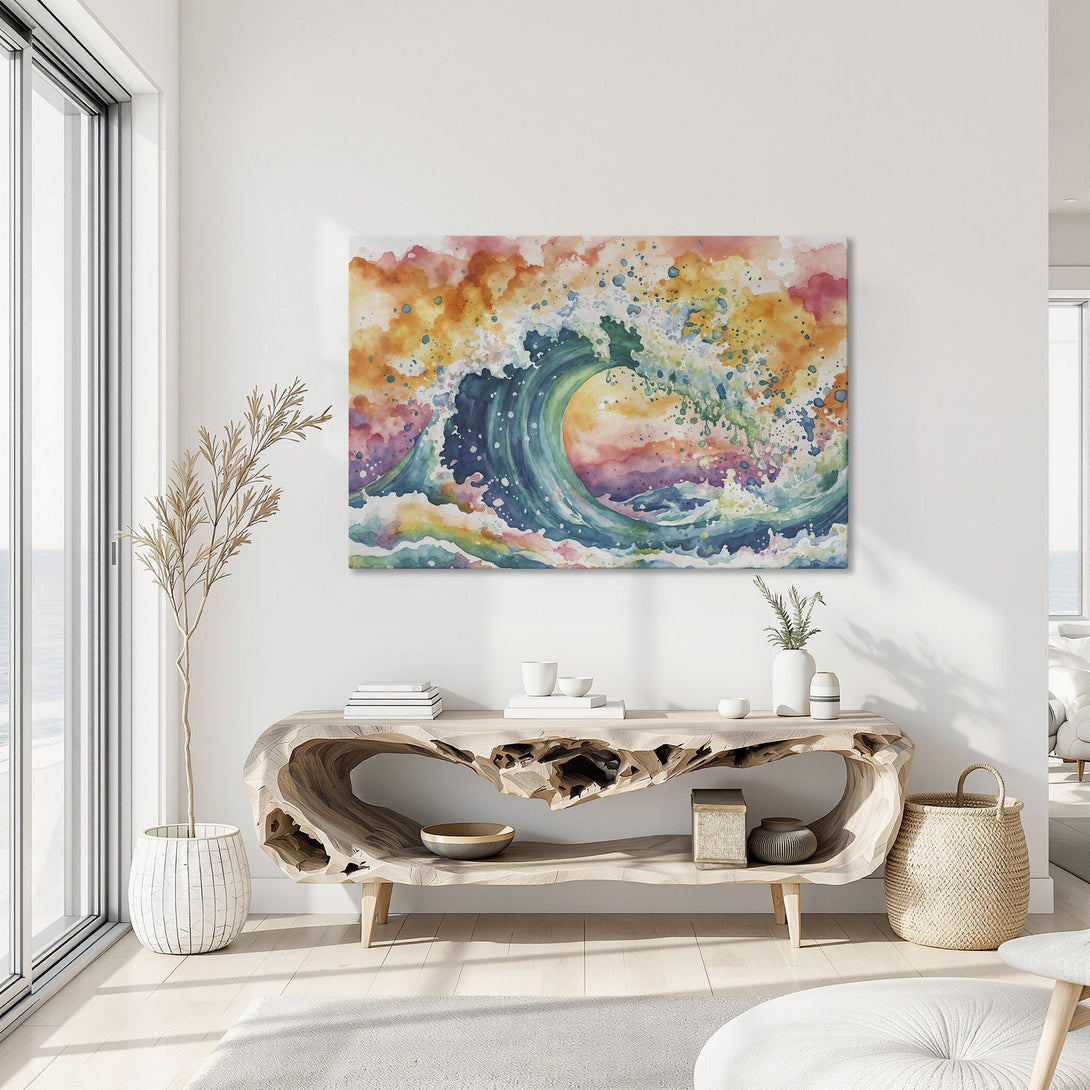 Framed Wall Art featuring a watercolor wave. Vibrant blues, greens, and oranges create a stunning, abstract ocean scene. Perfect for coastal decor!