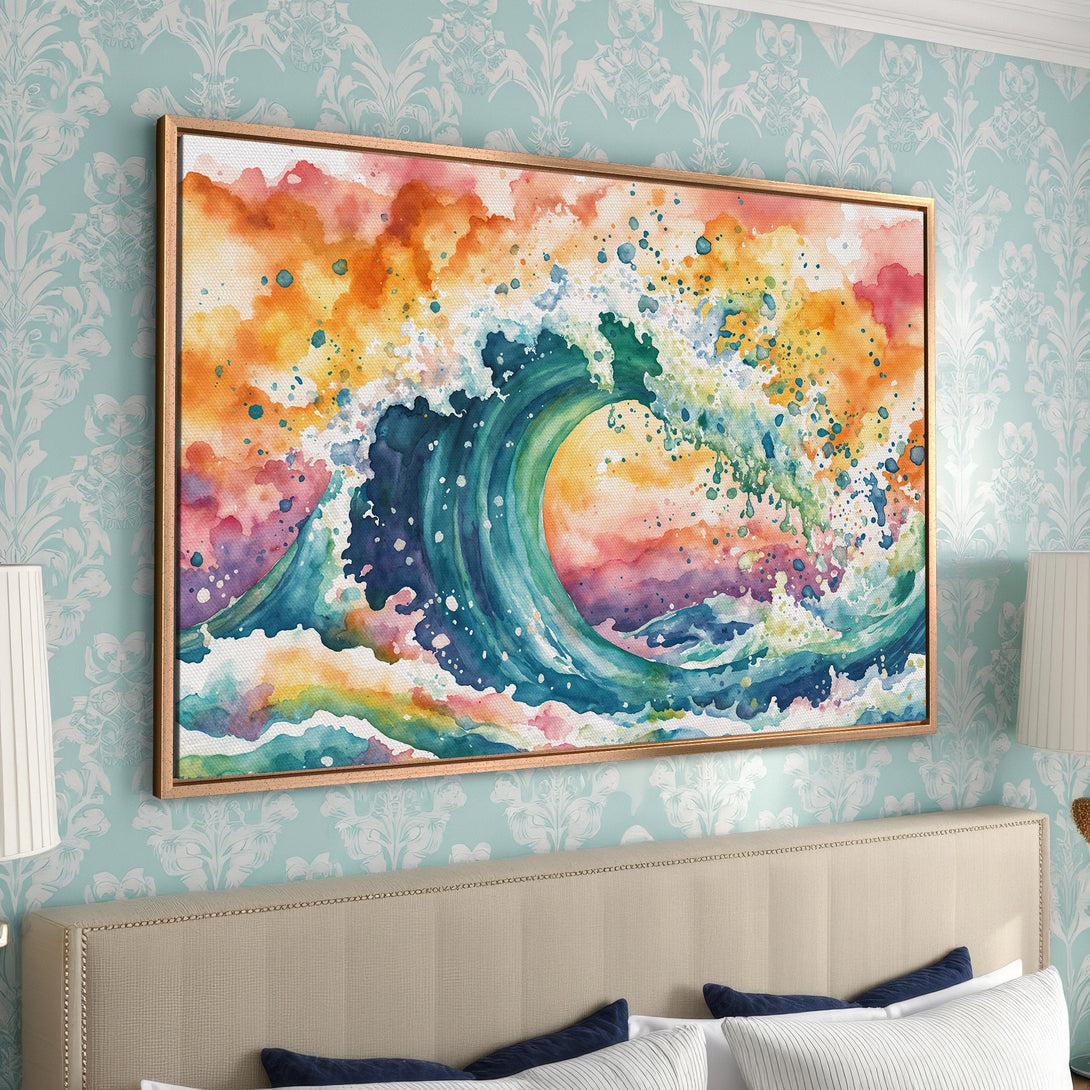 Framed Wall Art: Watercolor wave canvas print with a vibrant, colorful palette of blues, greens, oranges, and pinks. Perfect for coastal decor!