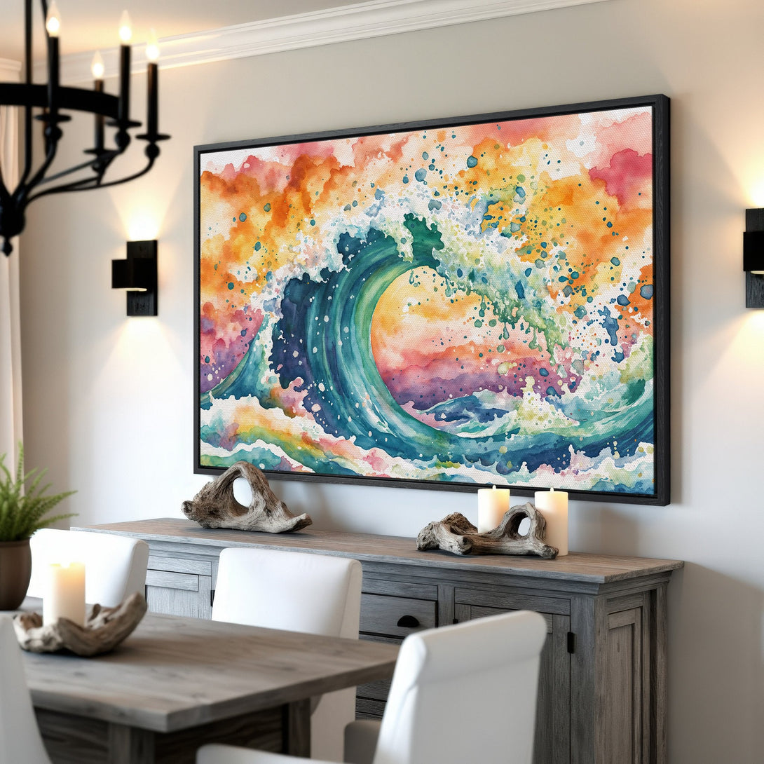 Framed Wall Art of a vibrant watercolor wave. Colorful Canvas Print with blues, greens, oranges, and pinks, adding a splash of art to any room.