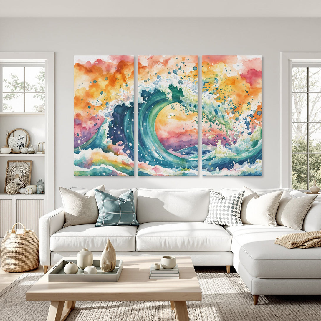 Canvas Print of a vibrant watercolor wave art piece in a warm, colorful palette. Modern art for your home!