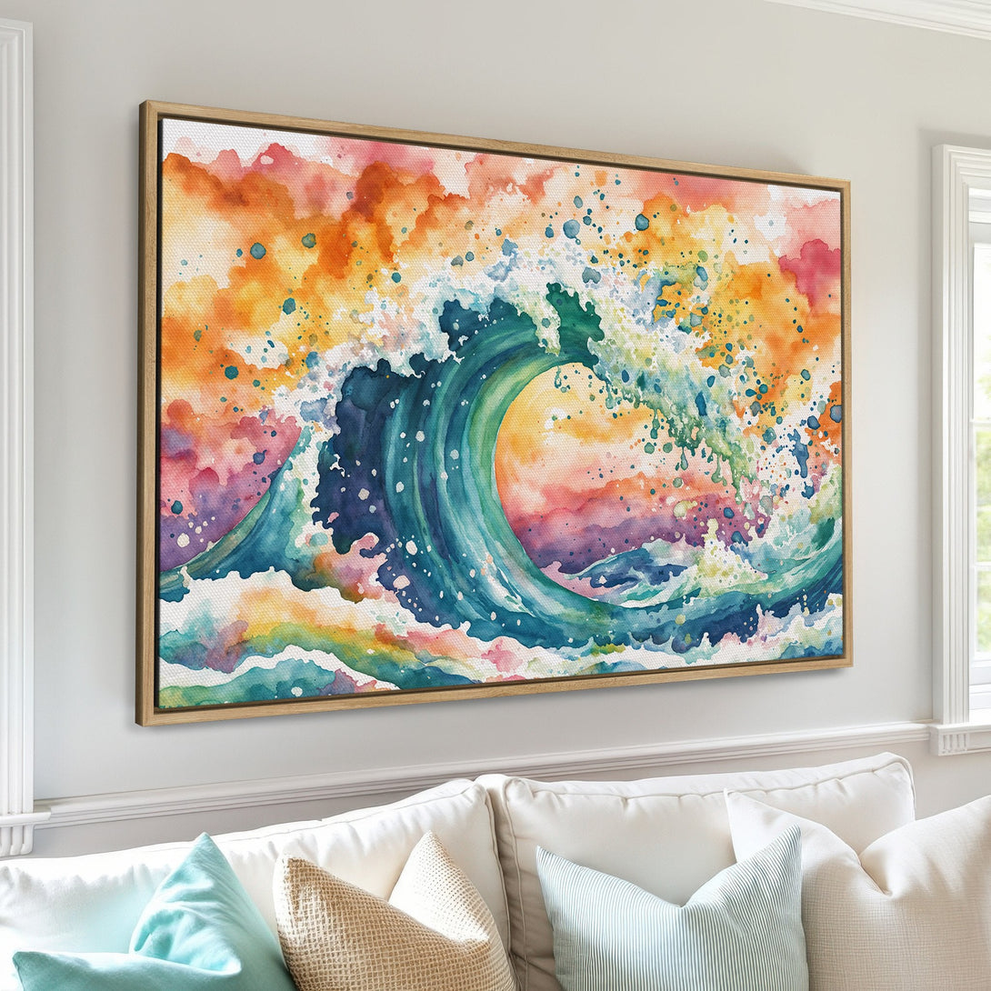 Framed Wall Art: Watercolor wave canvas print in vibrant teal, orange, and pink hues. Add a splash of coastal art to your home decor!