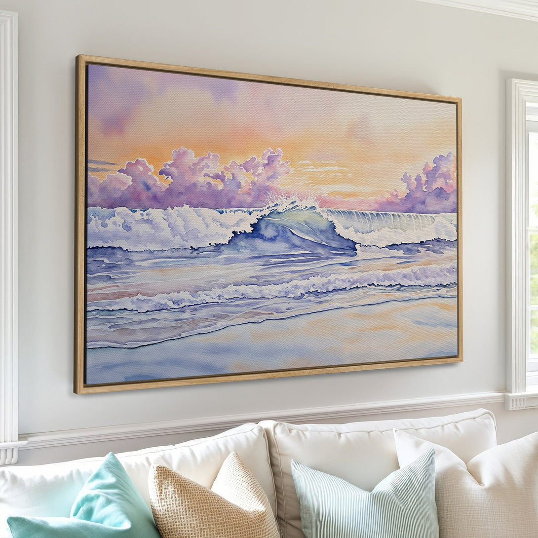 Framed Wall Art: Watercolor wave crashing at sunset. Coastal style art with a calming pastel color palette of blues, purples, and oranges. Perfect for home decor.