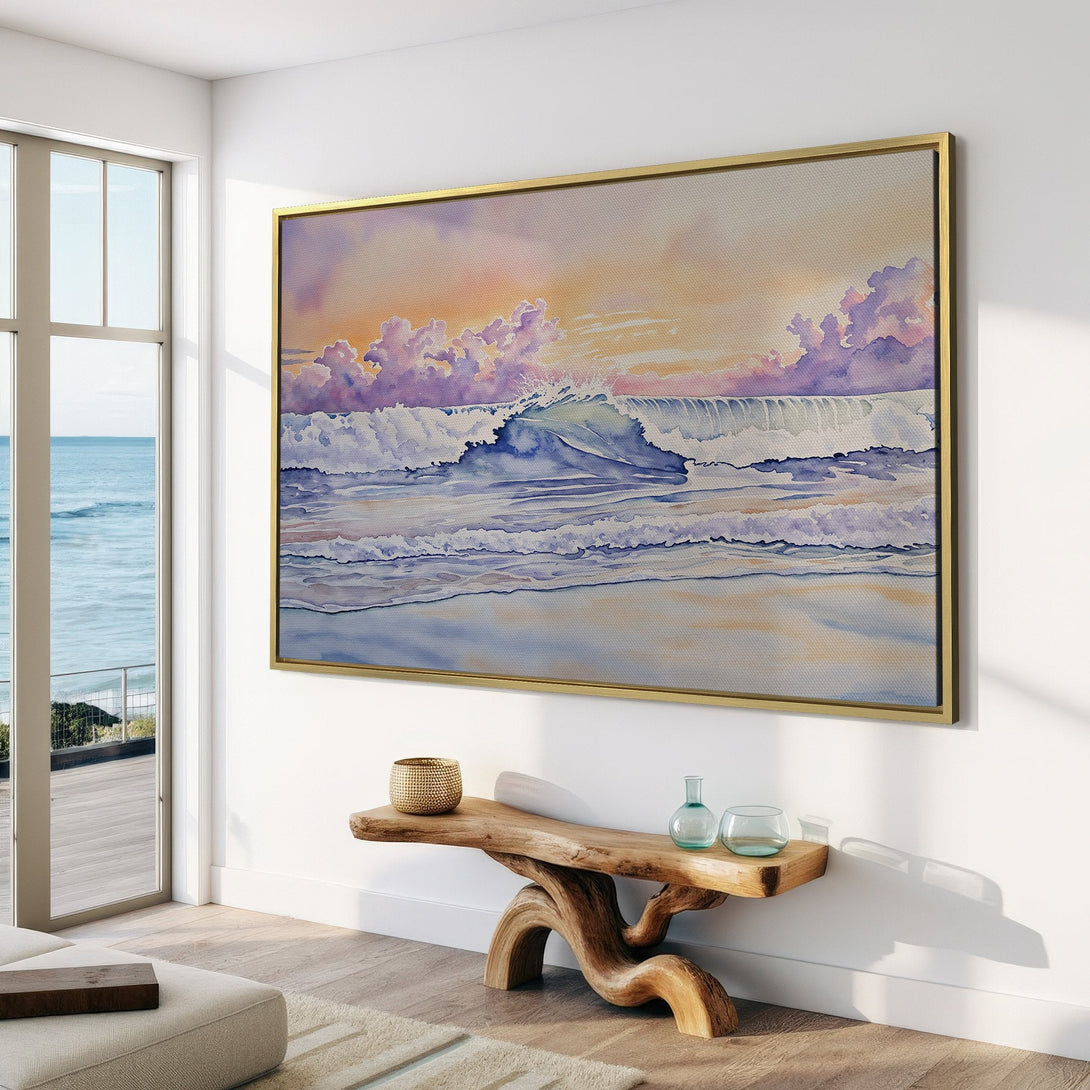 Watercolor Canvas Print of ocean waves in a serene coastal interior. Soft blues, purples, and golds create a tranquil, artistic vibe.