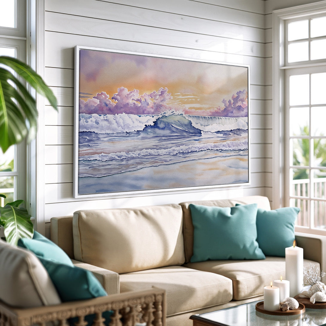 Framed Wall Art: Watercolor ocean waves in a coastal living room. Soft blue, purple, and gold color palette creates a serene, relaxing atmosphere.