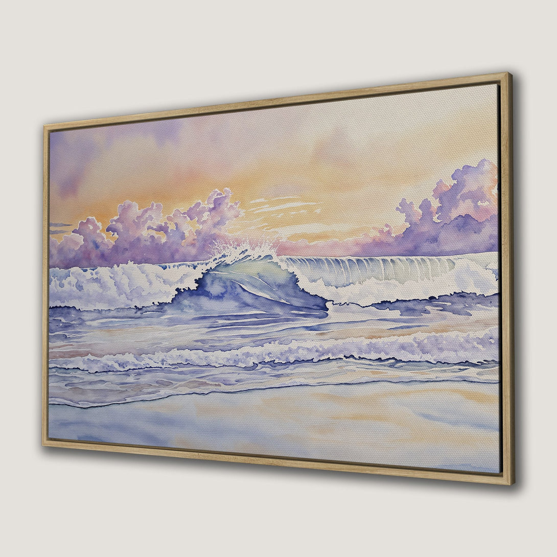 Canvas Print of a watercolor seascape, featuring crashing waves and a sunset sky in calming blue, purple, and gold tones.