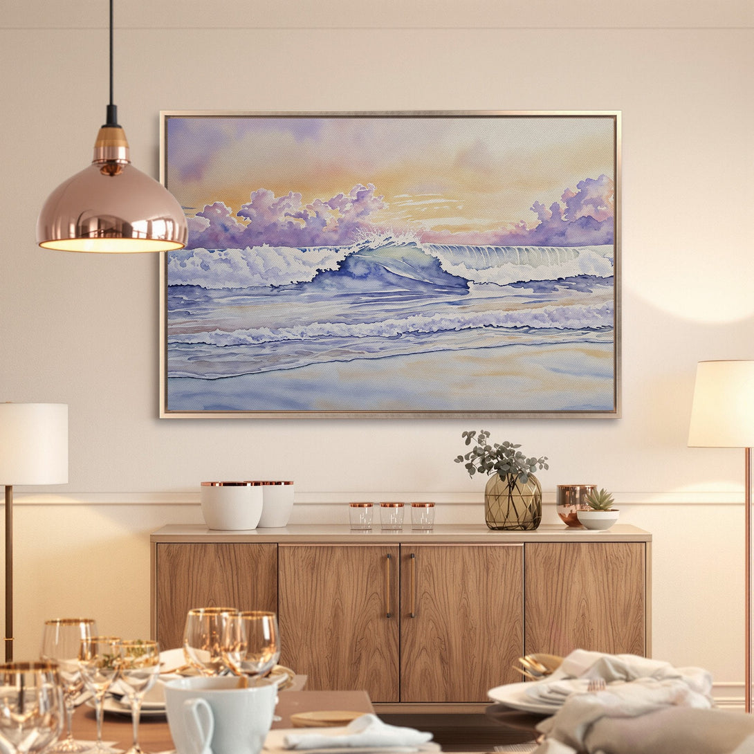 Framed Wall Art: Watercolor ocean waves in pastel blue & purple. Coastal art for serene home decor. Shop canvas prints & elevate your space!